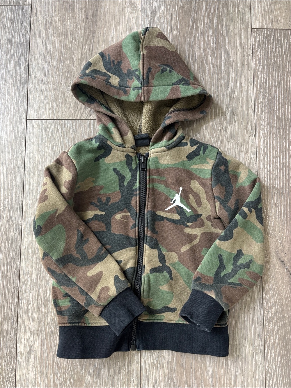 Jordan Kids Camo Zip-Up Hoodie in Green and Brown, size 2